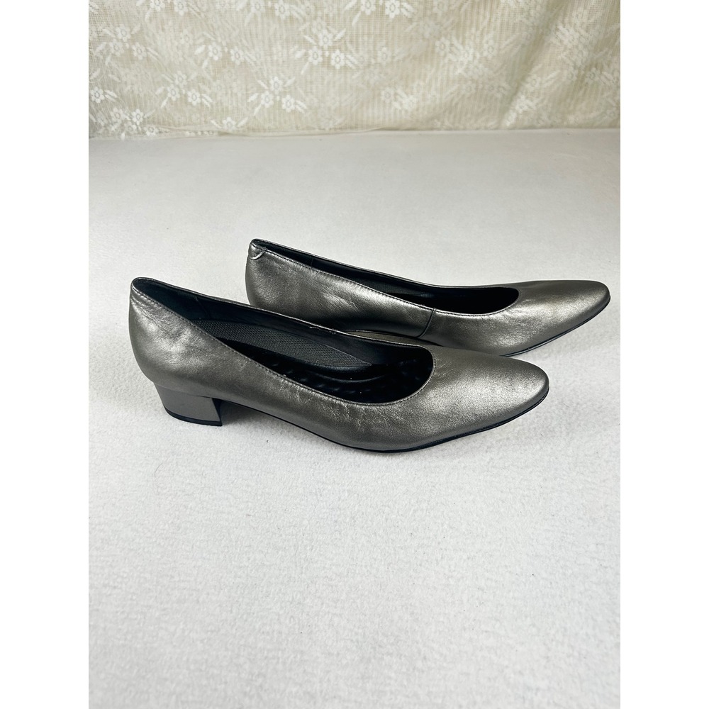Walking Cradles Metallic Pewter Leather Block Heel Pumps Pointed Toe Shoes 12N